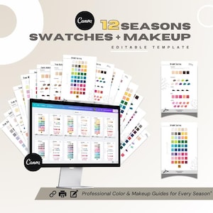 Może przedstawiać: Monitor komputerowy wyświetlający interfejs Canva z wieloma stronami palet kolorów i próbek makijażu. Ekran pokazuje edytowalne szablony 12 Seasons Swatches + Makeup. Dodatkowe wydrukowane strony są rozłożone wachlarzowo za monitorem.