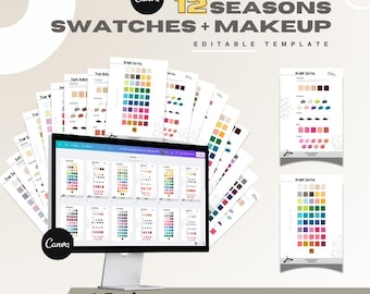 Op de afbeelding: Een computermonitor met een Canva-interface met meerdere kleurenpaletten en make-upstaalpagina's. Het scherm toont bewerkbare sjablonen voor 12 Seasons Swatches + Makeup. Extra geprinte pagina's zijn achter de monitor uitgewaaierd.