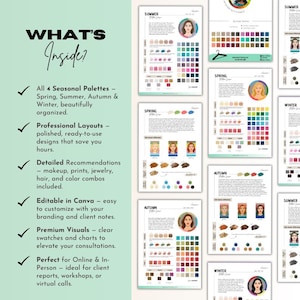 May include: A collection of color analysis charts and seasonal palettes. The charts include detailed recommendations for makeup, prints, and jewelry. The text reads "WHAT'S Inside?" and lists features like professional layouts and editable Canva designs.