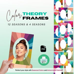 Puede incluir: Marcos de teoría del color para 12 estaciones y 4 estaciones. Los marcos están en formato PDF y se pueden usar para determinar su paleta de colores estacional. La imagen muestra a una mujer sosteniendo un marco con una rueda de colores y la cara de una persona en el centro.