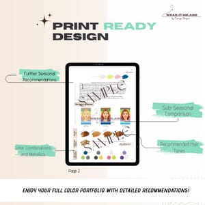May include: A digital tablet displays a print-ready design with the text "PRINT READY DESIGN." The screen shows a document with color palettes, hair tones, and seasonal recommendations. The image includes the text "WEAR.IT MILANO" and "ENJOY YOUR FULL COLOR PORTFOLIO WITH DETAILED RECOMMENDATIONS!"