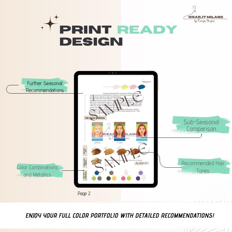 May include: A digital tablet displays a print-ready design with the text "PRINT READY DESIGN." The screen shows a document with color palettes, hair tones, and seasonal recommendations. The image includes the text "WEAR.IT MILANO" and "ENJOY YOUR FULL COLOR PORTFOLIO WITH DETAILED RECOMMENDATIONS!"
