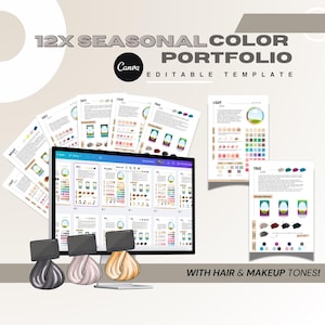 Puede incluir: Una plantilla editable de portafolio de 12 colores estacionales con varias páginas impresas de paletas de colores, tonos de cabello y maquillaje. Un monitor de computadora muestra la versión digital, junto a tres muestras de color de cabello.