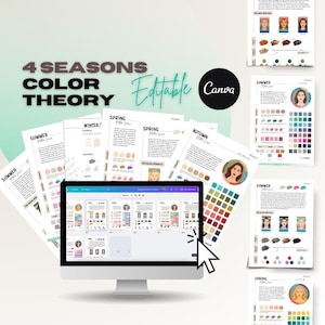 May include: A computer monitor displays a color theory guide with the text "4 SEASONS COLOR THEORY Editable Canva." Surrounding the monitor are printed guides for Summer, Winter, Spring, and Autumn color palettes. The guides include color swatches and examples.