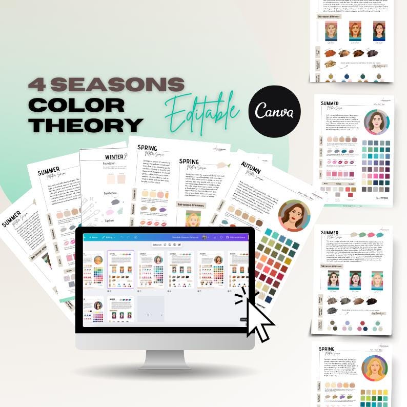 May include: A computer monitor displays a color theory guide with the text "4 SEASONS COLOR THEORY Editable Canva." Surrounding the monitor are printed guides for Summer, Winter, Spring, and Autumn color palettes. The guides include color swatches and examples.