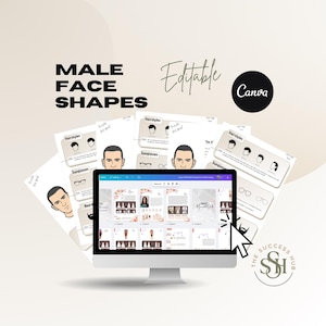 May include: A digital template set for male face shapes displayed on a computer monitor. The screen shows editable Canva layouts featuring illustrations of hairstyles, sunglasses, and beard styles. The text MALE FACE SHAPES and Editable are visible.