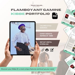 May include: A digital download guide for the Kibbe body type "Flamboyant Gamine". The guide includes tailored style guidance and expert insights inspired by Kibbe. The cover features a woman wearing a white and black polka dot blouse and a black polka dot skirt.