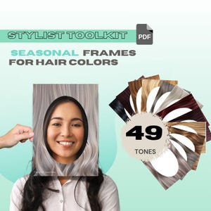 Puede incluir: Imagen de un kit de herramientas de estilista con el texto "Stylist Toolkit" y "Seasonal Frames for Hair Colors". La imagen incluye una mujer con un marco de color de pelo y una paleta de colores con 49 tonos.