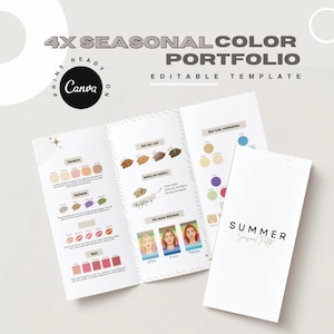 Peut inclure: Une brochure à trois volets intitulée 4X SEASONAL COLOR PORTFOLIO EDITABLE TEMPLATE avec un logo Canva. Le document présente des palettes de couleurs, des conseils maquillage, des échantillons de cheveux et des bijoux, avec une couverture SUMMER.