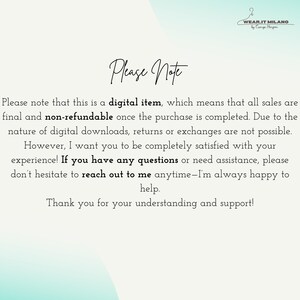May include: Please Note: This is a digital item, which means that all sales are final and non-refundable once the purchase is completed. Due to the nature of digital downloads, returns or exchanges are not possible. However, I want you to be completely satisfied with your experience! If you have any questions or need assistance, please don't hesitate to reach out to me anytime - I'm always happy to help. Thank you for your understanding and support!