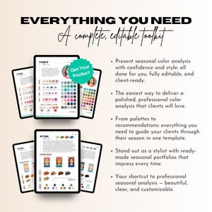 May include: Digital toolkit with the text "EVERYTHING YOU NEED" and "A complete, editable toolkit." The image shows tablets displaying seasonal color analysis guides for Spring, Summer, and Autumn. A button says "Get Your Product."
