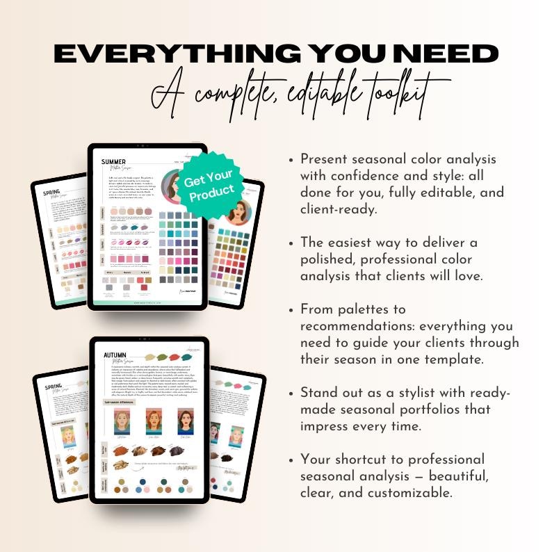 May include: Digital toolkit with the text "EVERYTHING YOU NEED" and "A complete, editable toolkit." The image shows tablets displaying seasonal color analysis guides for Spring, Summer, and Autumn. A button says "Get Your Product."