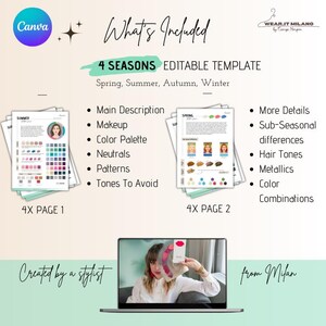May include: An image showcasing a digital template for seasonal style guides. The template includes sections on makeup, color palettes, and more. The text reads "What's Included" and "4 Seasons Editable Template". A laptop displays a woman holding a color palette.
