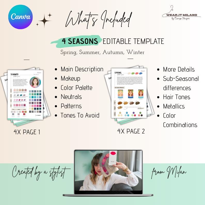 May include: An image showcasing a digital template for seasonal style guides. The template includes sections on makeup, color palettes, and more. The text reads "What's Included" and "4 Seasons Editable Template". A laptop displays a woman holding a color palette.