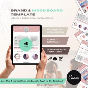 Könnte beinhalten: Ein digitales Moodboard-Template auf einem Tablet, mit einem rosa und weißen Design. Das Template enthält Abschnitte für Kundendetails, Stilempfehlungen und Diagramme. Text enthält "Brand & Mood Board Template" und "Wiederverwendbar & Anpassbar".