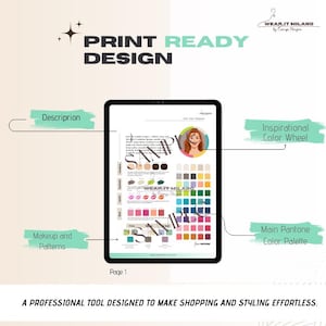 May include: A digital tablet displays a "Print Ready Design" with color palettes, makeup and pattern examples, and an inspirational color wheel. The text "Wear It Milano" is visible. The design is intended to make shopping and styling effortless.