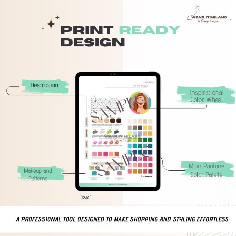 May include: A digital tablet displays a "Print Ready Design" with color palettes, makeup and pattern examples, and an inspirational color wheel. The text "Wear It Milano" is visible. The design is intended to make shopping and styling effortless.