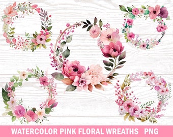 Cute Pink Floral Wreath PNG Blush Pink Flowers PNG Watercolor Floral Clipart Bundle Commercial Use Wall Decor Printables Birthday