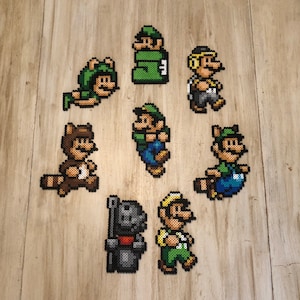 Super Mario Bros 3 Luigi Magnets | Racoon Luigi | Tanooki Luigi | Fire Luigi | Frog Luigi | Pixel Art | SNES Retro  | Game Room | Perler Art