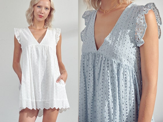 Eyelet Cotton Lace Mini Romper Dress Etsy