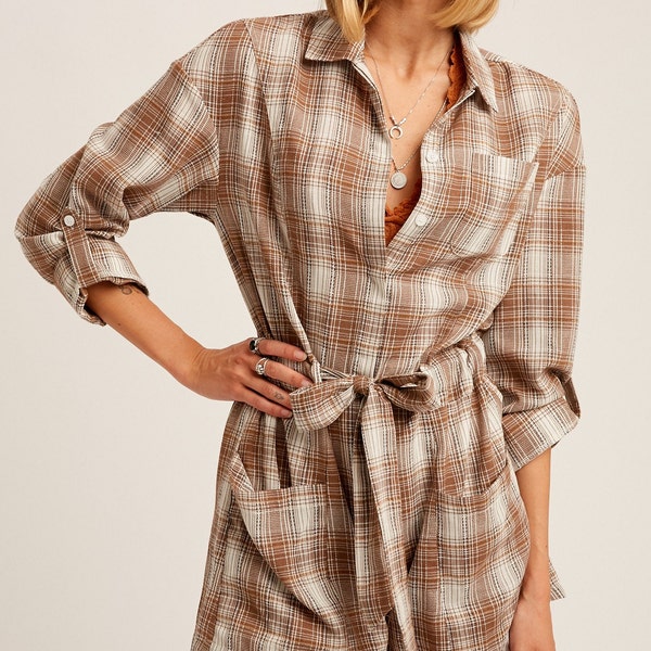 Plaid Button Down Collared Shirts Waist Tie Romper