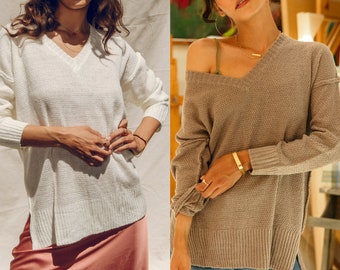 Loose Fit V-Neck Drop Shoulder Lightweight Pullover Sweater