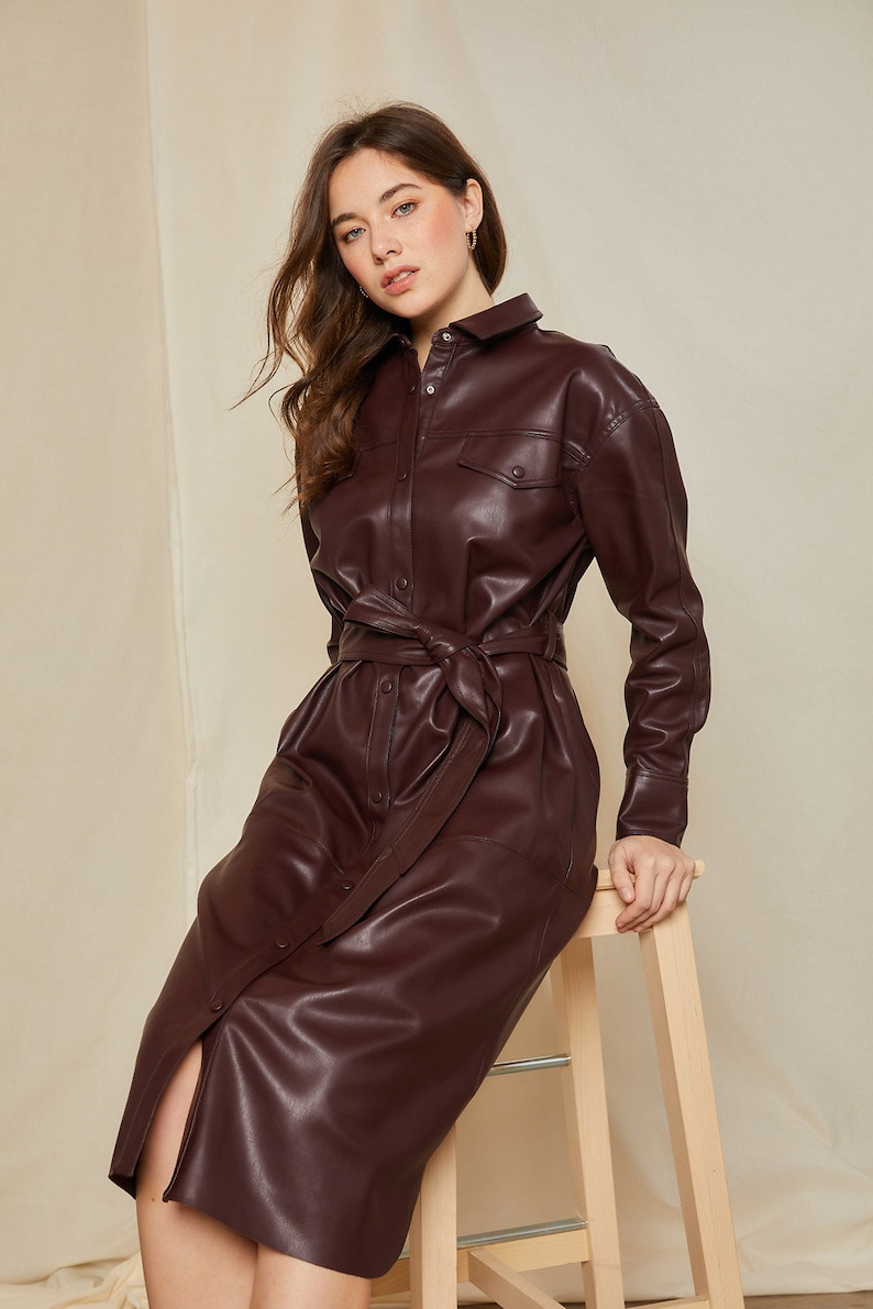 Belted Faux Leather Snap Down Front Long Shirt Jacket Midi Dress - Etsy