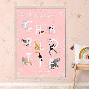 Póster personalizado con el nombre del alfabeto de los animales en formato PDF - Decoración personalizada para la habitación de los niños