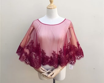 Women's Wedding Embroidered Lace Shawl /Wine Red tulle wedding capelet/ Elegant bridal cape/Wrap for Wedding Dresses