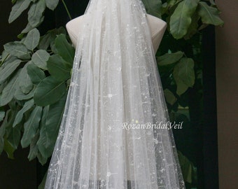 Sparkle star wedding veil/Cathedral celestial veil/Silver sparkle veil/Single layer bridal veil/Vintage veil/Starry bridal veil/Chapel veil