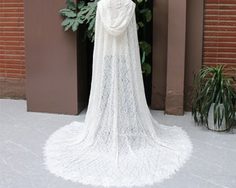 Lace bridal cape with hood/ Unique wedding cape veil/ Long bridal cape/ Cathedral cape veil/ Floor length bridal cape veil/ Lace cape