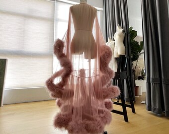 Dusty Rose Pink Ostrich Feather Bridal Robe Dress Set/ Organza Long Robe & Silk Slip Dress/ Wedding Robe Floor/ Bridal Party Robe