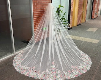 Embroidered Garden Flower Veil, Red Flowers Wedding Veil, Unique Green Leaves Veil, Cathedral Bridal Veil, Floor Veil, Custom Veil