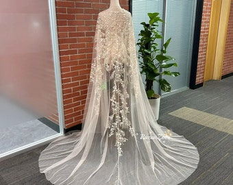 Flower Lace Bridal Cape/ Long Bridal Cape / Wedding Cape Veil/ Bohemian Bridal Cape/ Cape with Buttons/ Custom Cape Veil