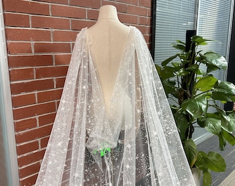 Stunning Star/Moon Bridal Veil Cape, Sparkling Cathedral Wedding Cape, Glitter Bridal Veil, Dreamy Sparkle Cape, Custom Wedding Cape