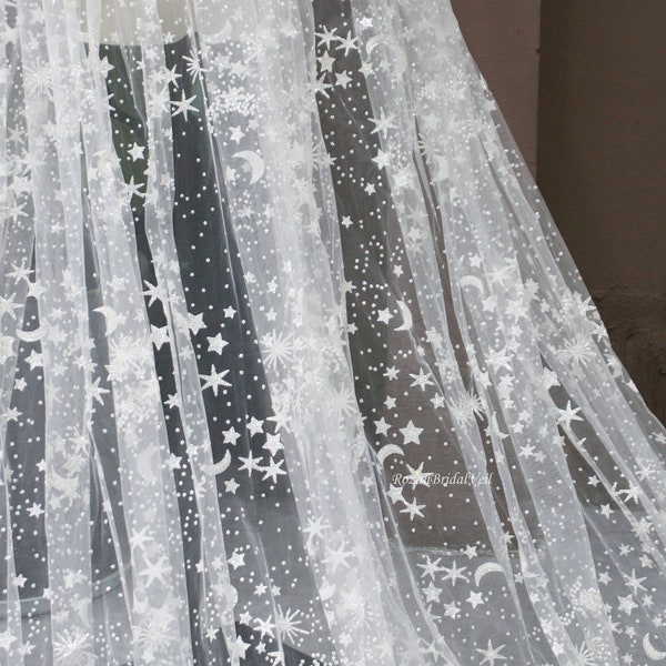Stunning celestial wedding veil/Star veil/Moon bridal veil/ Glitter bridal veil/Silver sparkle veil/Cathedral wedding veil/Long starry veil