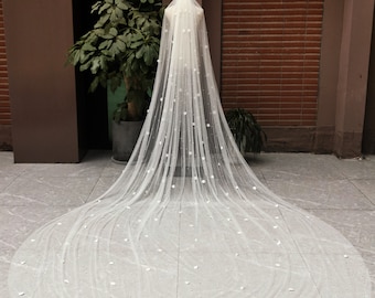 Scattered pearls 3d flowers veil/Long pearl bridal veil/Ivory bridal veil with pearl/Lolita veil/Gothic wedding veil/Pearl bridal veil