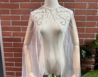 Ivory Beaded Luxury Wedding Cape | Wedding Shoulder Train | Long Wedding Cape Veil | Bridal Cover Up | Custom Size/Color Bridal Cape