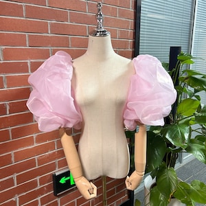 May include: A light pink, sheer, puffy sleeve garment displayed on a mannequin. The sleeves are voluminous and gathered, creating a dramatic, oversized look. The mannequin is set against a brick wall and a green plant.