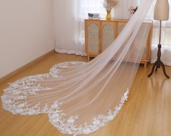 Long Wedding Veil With Embroidery Flower Lace, Petal Shaped Unique Bridal Veil Cathedral Length, Custom Veil in All Color and Length