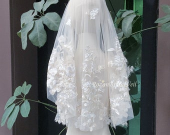 Champagne wedding veil/Short veil/Floral veil/Peony veil/Custom veil/Cathedral Veil/Ivory veil for bride/White wedding veil boho