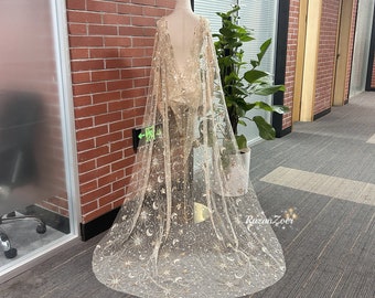 Moon&Stars Bridal Veil with Star Pendants, Gold Stars Bridal Veil, Starry Sequins Wedding Veil, Sparkle Cape Veil,One Layer Veil with Pins