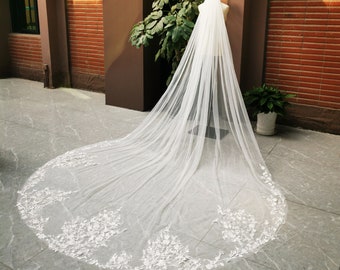 Floral lace pearl veil/Ivory bridal veil/Lace edged wedding veil/Veil for bride/Cathedral veil/Chapel veil/Elbow Veil