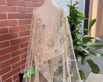 NEW Moon&Stars Bridal Cape Veil with Star Pendants, Gold Stars Bridal Veil, Starry Sequins Wedding Cape, Sparkle Bridal Veil, Celestial Cape