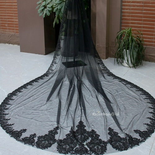 Black Wedding Veil With Lace and Sequins Cathedral Wedding Etsy