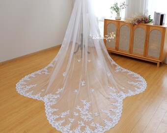 Voile de mariée en dentelle vintage, voile de mariée en dentelle appliquée, voile de dentelle bord fleur avec peigne, voile de mariage cathédrale, voile chapelle, voile à 1 étage