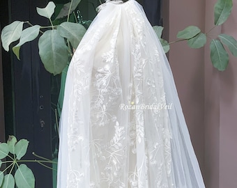Chapel veil/Long cathedral veil/Flower lace veil/Ivory lace veil/Bridal veil/Soft tulle veil/Blusher veil/White veil/Ivory lace veil boho