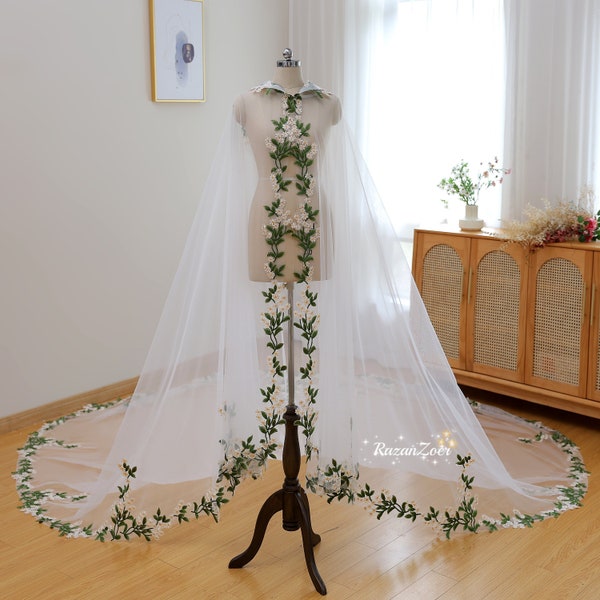 Green Leaves Lace Trim Cape with Hood, Garden Wedding Cloak, Cathedral Cape Veil, Floor Length Bridal Cape Veil, Shoulder Cape Veil