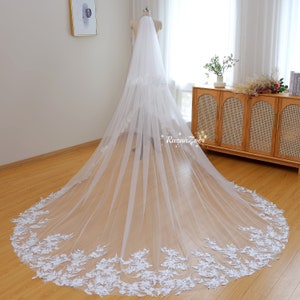 Flower Lace Bridal Veil with Pearls, 3D Flowers Wedding Veil, Embroidered Lace Veil, Gorgeous Flower Lace Veil,Cathedral Veil,Two Layer Veil