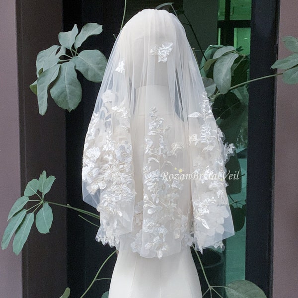 Champagne wedding veil/Short veil/Floral veil/Peony veil/Custom veil/Cathedral Veil/Ivory veil for bride/White wedding veil boho